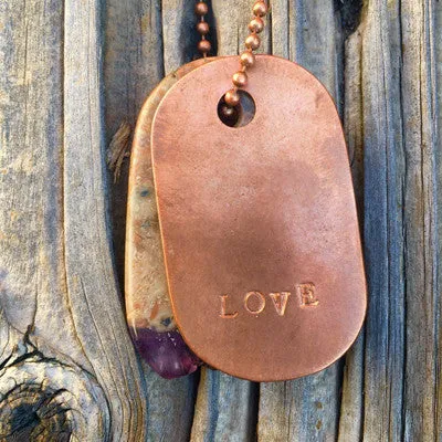 00004 Amethyst Crystal and Copper "Love" Stamped Goddess Tag Necklace