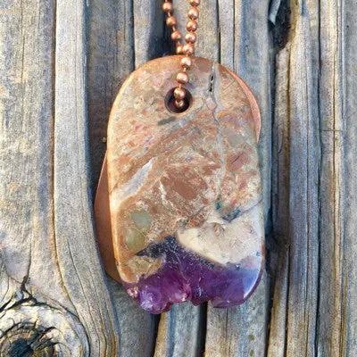 00004 Amethyst Crystal and Copper "Love" Stamped Goddess Tag Necklace