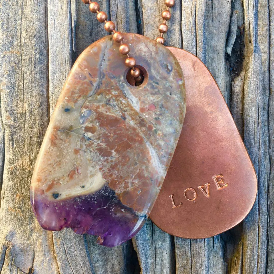 00004 Amethyst Crystal and Copper "Love" Stamped Goddess Tag Necklace