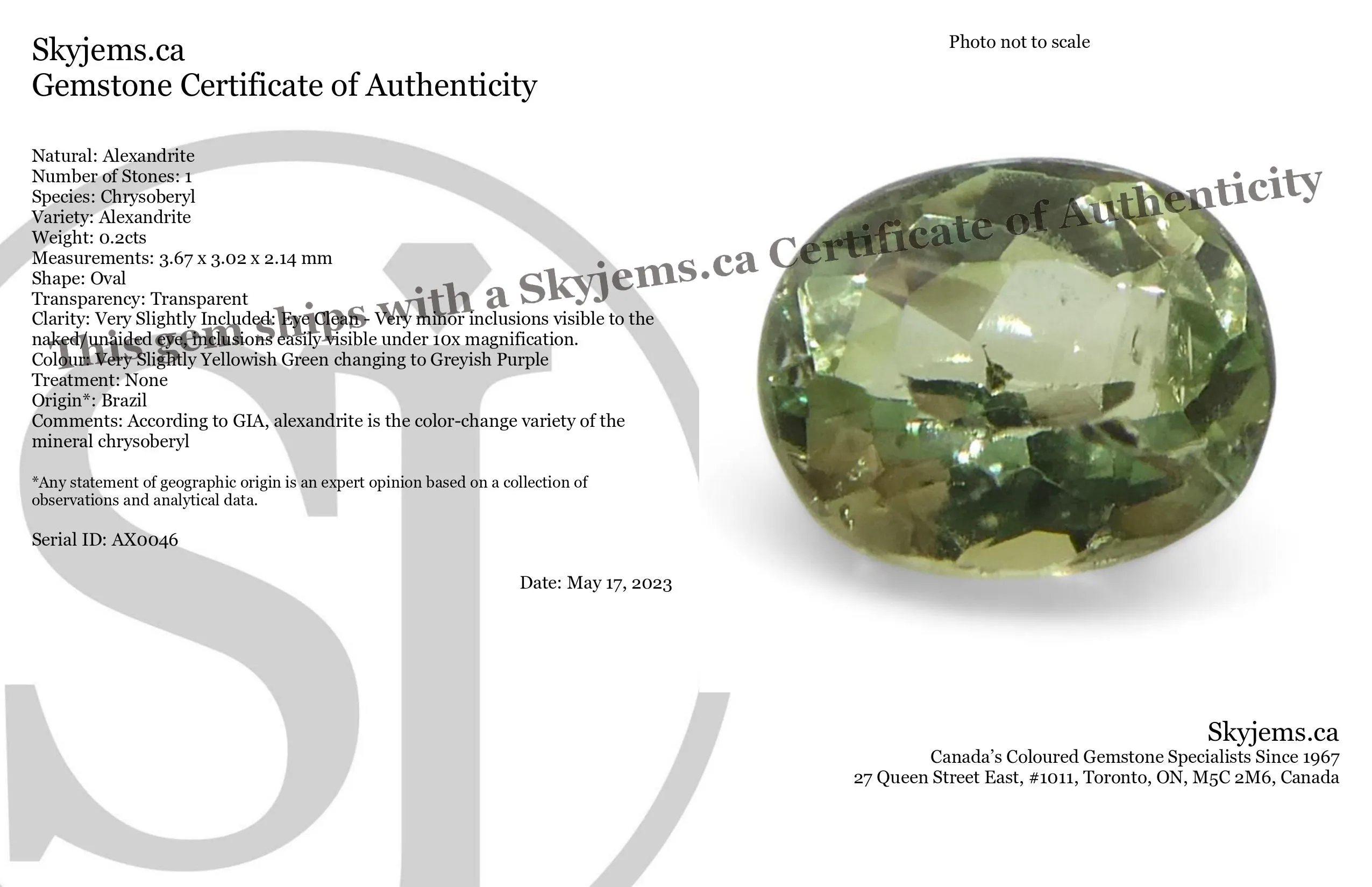 0.2ct Oval Yellowish Green to Greyish Purple Alexandrite from Brazil, Unheated