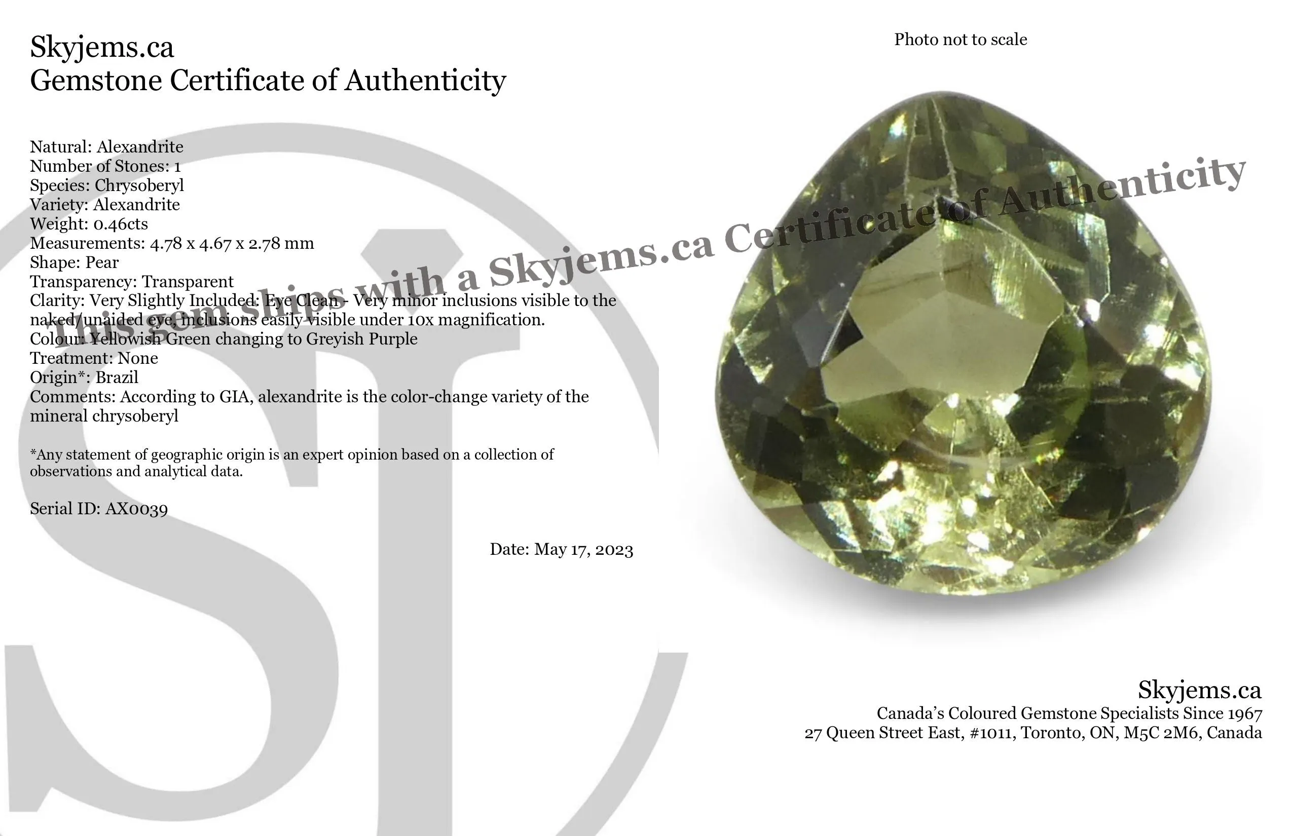 0.46ct Pear Yellowish Green to Greyish Purple Alexandrite from Brazil, Unheated