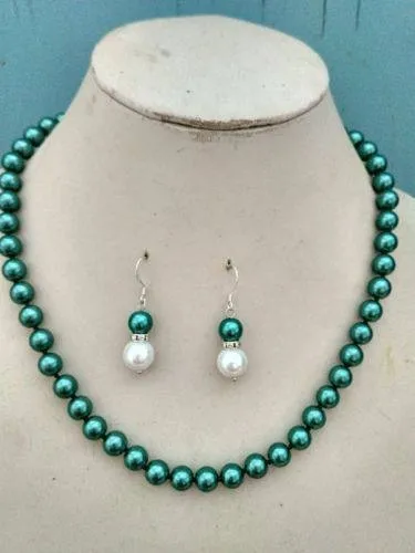 10% OFF- 18 in/460 mm L-Certified Natural Fine Green White South Sea Shell Pearl Necklace   Earrings