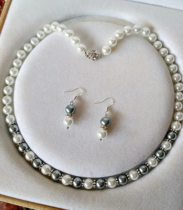 10% OFF- 18 in/460 mm L-Certified Natural Fine White Gray South Sea Shell Pearl Necklace   Earrings