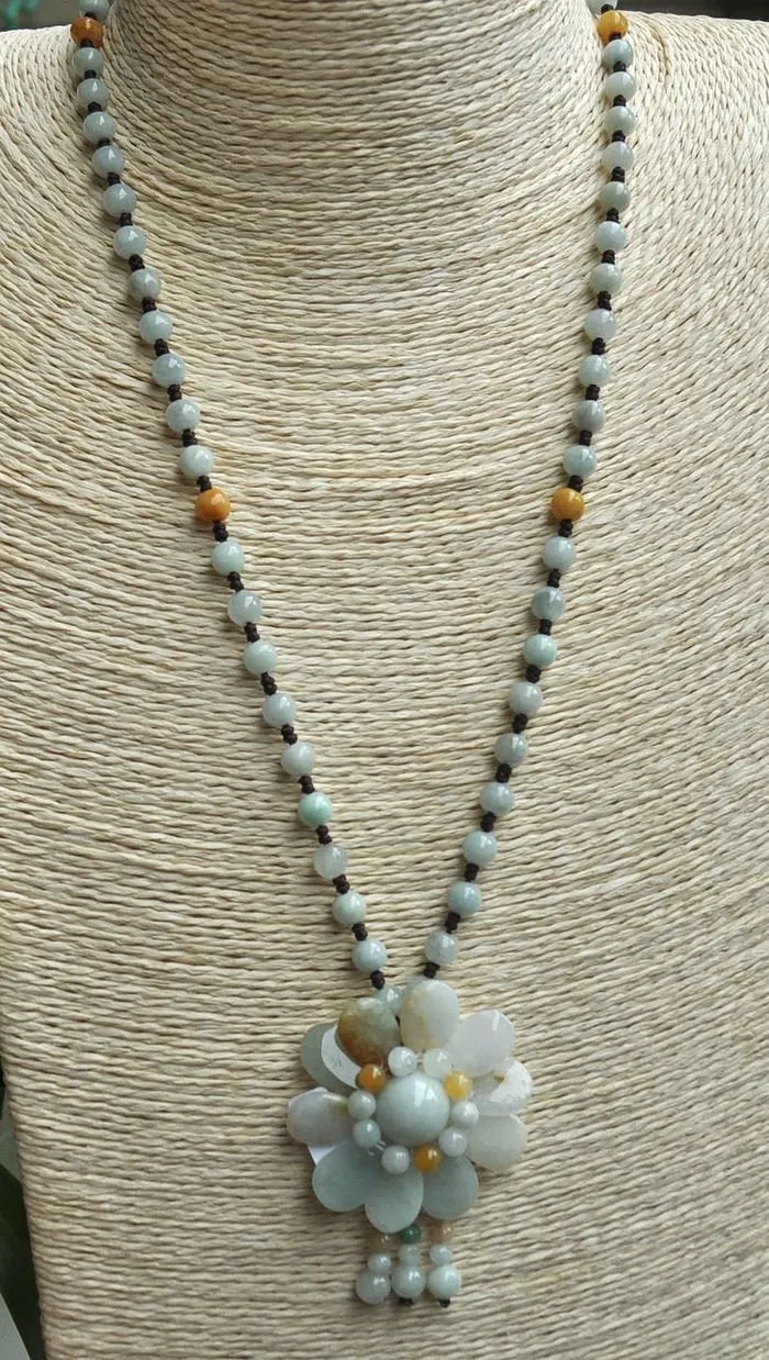 10% OFF- 640mm/25in Certified Natural Jadeite Emerald Jade Handcarved Flower Pendant Necklace《Grade A》7989