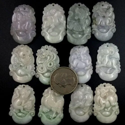 10% OFF- Certified Natural 3 Color Jadeite Emerald A*Jade HandCarved 12 Chinese Zodiac Pendant with free necklace rope in gift box