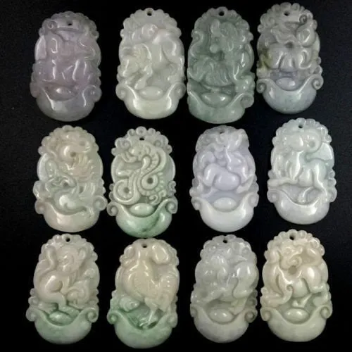 10% OFF- Certified Natural 3 Color Jadeite Emerald A*Jade HandCarved 12 Chinese Zodiac Pendant with free necklace rope in gift box