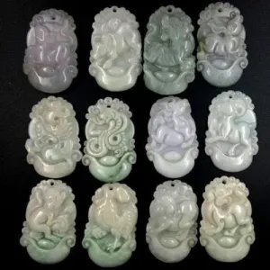 10% OFF- Certified Natural 3 Color Jadeite Emerald A*Jade HandCarved 12 Chinese Zodiac Pendant with free necklace rope in gift box