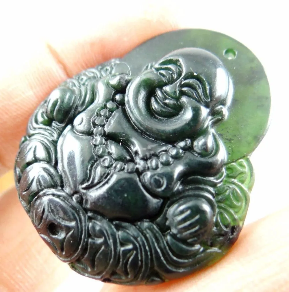10% OFF- Certified Natural Black-Green Emerald A*Jade HandCarved Buddha Pendant N1125