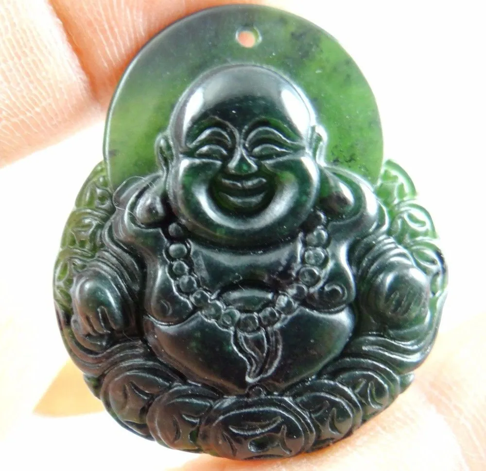 10% OFF- Certified Natural Black-Green Emerald A*Jade HandCarved Buddha Pendant N1125