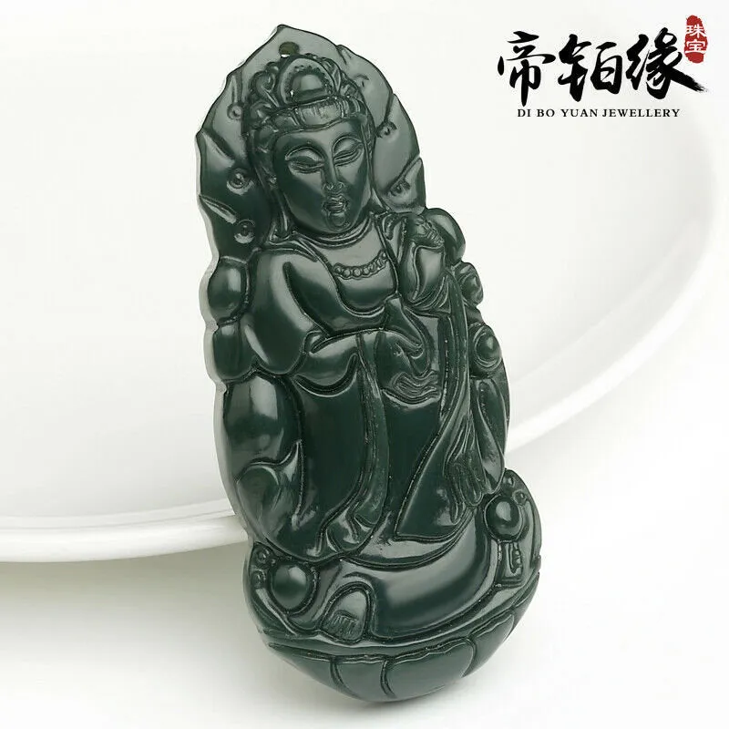 10% OFF- Certified Natural Emerald A*Jade Handcarved Ping An Guanyin Tian Yuqing Jade Pendant