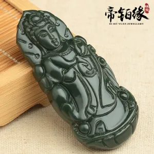 10% OFF- Certified Natural Emerald A*Jade Handcarved Ping An Guanyin Tian Yuqing Jade Pendant