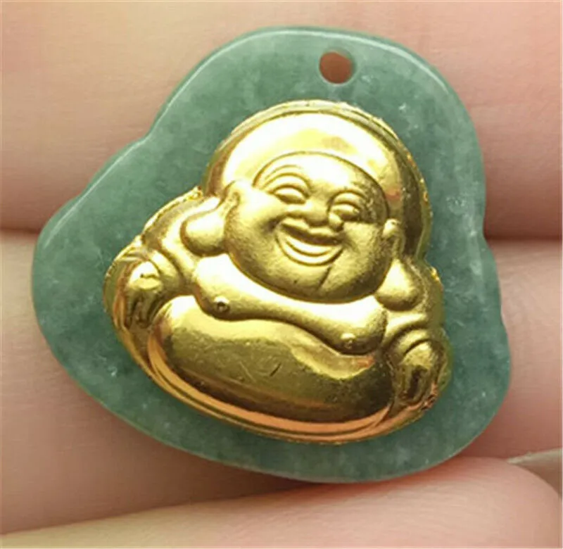 10% OFF- Certified Natural Gold & Icy Jadeite Emerald A*Jade HandCarved Tablet Happy Buddha 佛 Pendant N6447