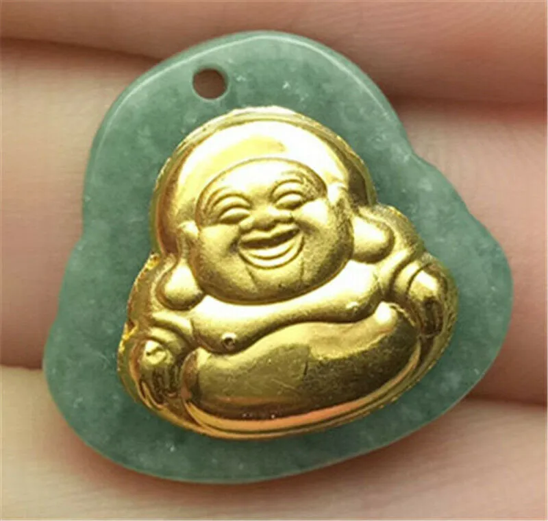 10% OFF- Certified Natural Gold & Icy Jadeite Emerald A*Jade HandCarved Tablet Happy Buddha 佛 Pendant N6447
