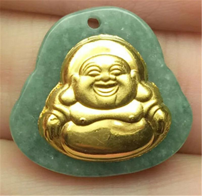 10% OFF- Certified Natural Gold & Icy Jadeite Emerald A*Jade HandCarved Tablet Happy Buddha 佛 Pendant N6447