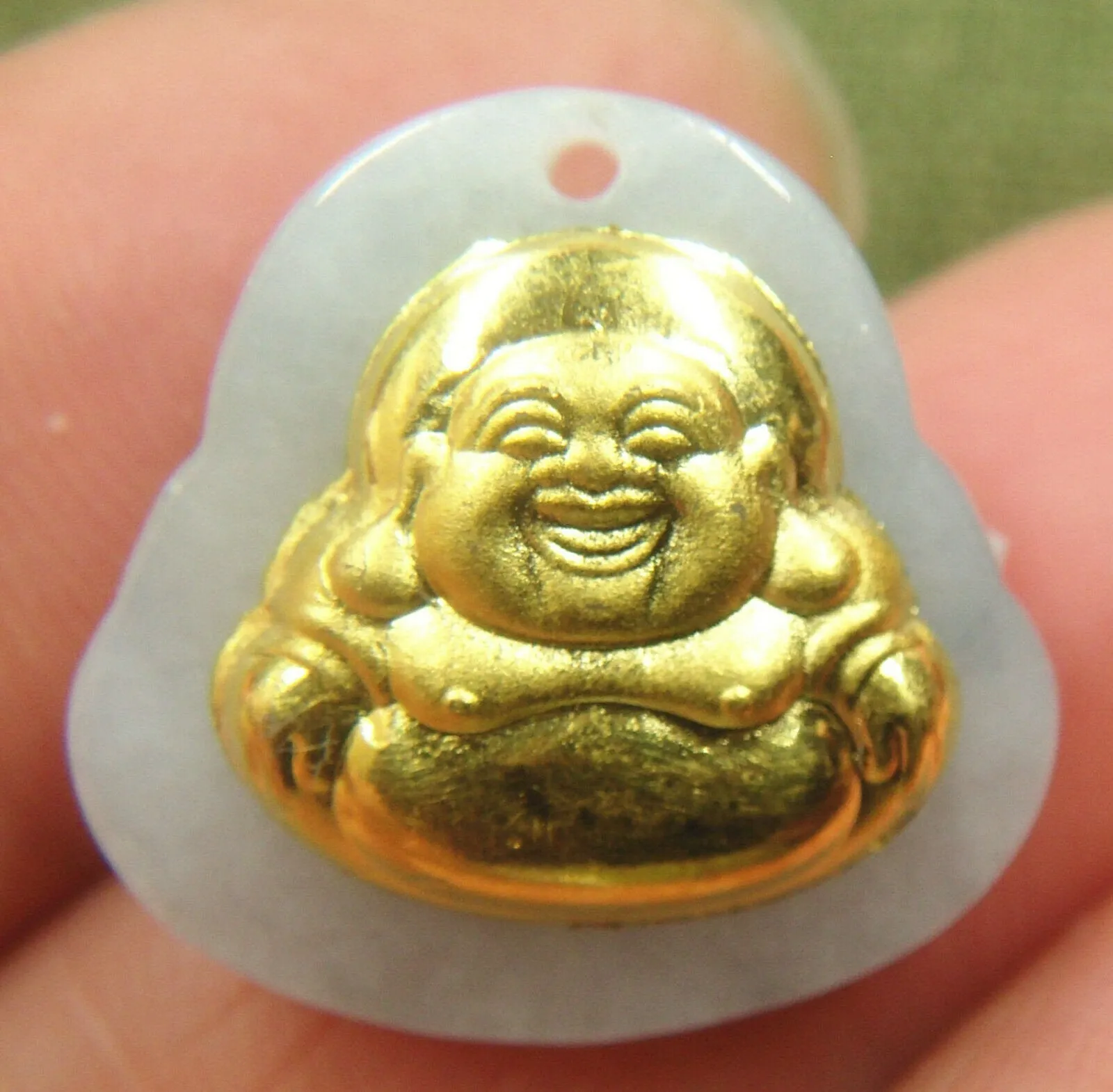 10% OFF- Certified Natural Gold & Icy Jadeite Emerald A*Jade HandCarved Tablet Happy Buddha 佛 Pendant Y0284
