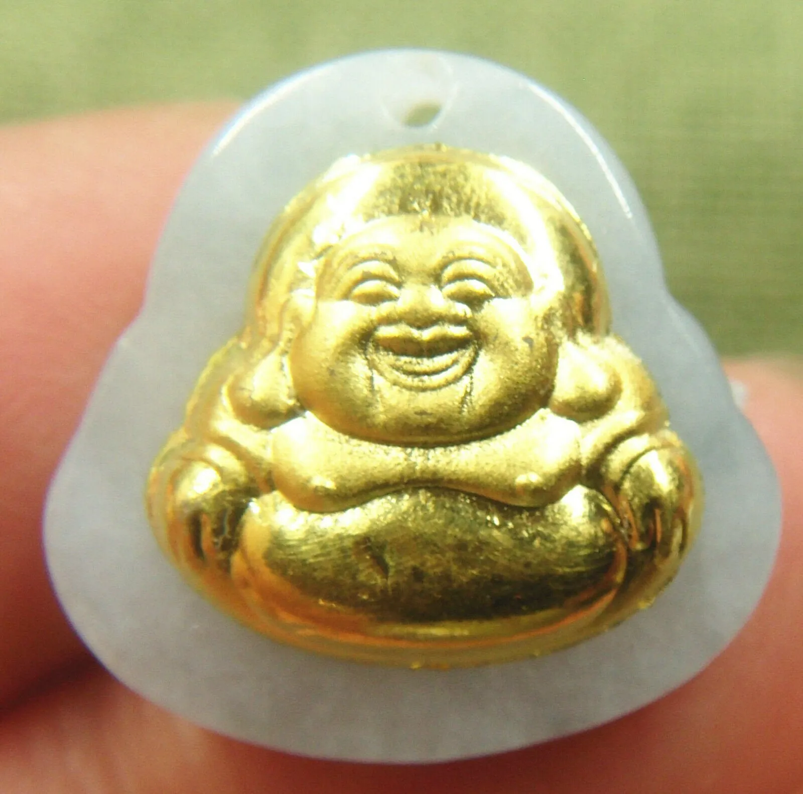 10% OFF- Certified Natural Gold & Icy Jadeite Emerald A*Jade HandCarved Tablet Happy Buddha 佛 Pendant Y0284