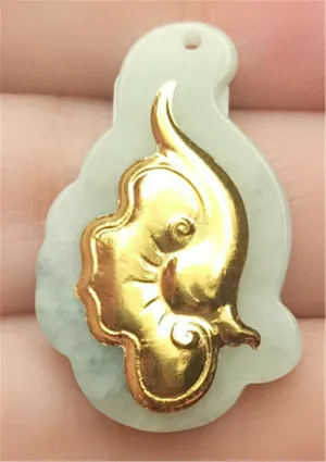 10% OFF- Certified Natural Gold & Icy Jadeite Emerald A*Jade HandCarved Tablet Ruyi 吉祥如意 Pendant N0765