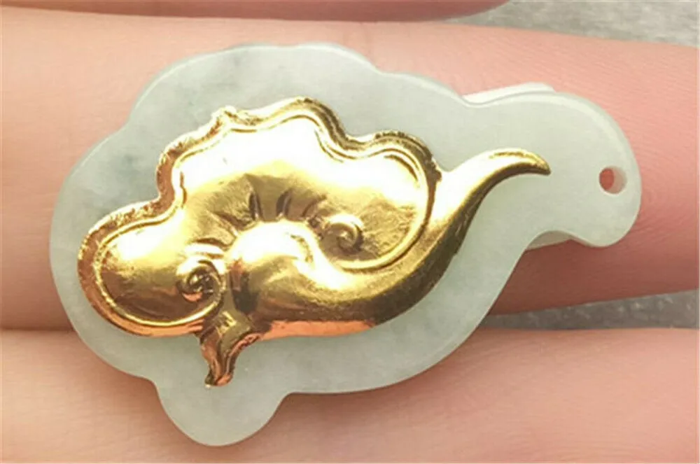 10% OFF- Certified Natural Gold & Icy Jadeite Emerald A*Jade HandCarved Tablet Ruyi 吉祥如意 Pendant N0765