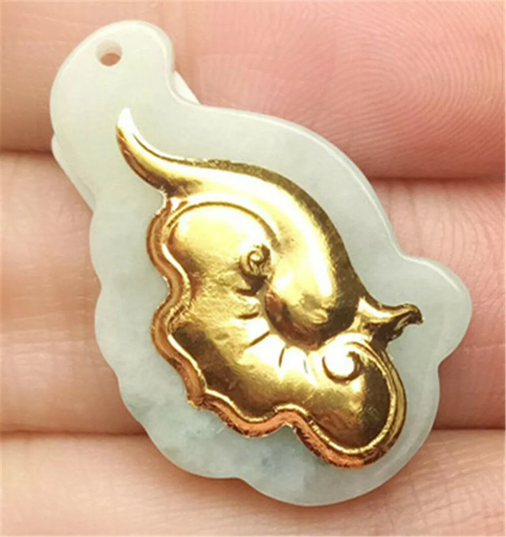 10% OFF- Certified Natural Gold & Icy Jadeite Emerald A*Jade HandCarved Tablet Ruyi 吉祥如意 Pendant N0765