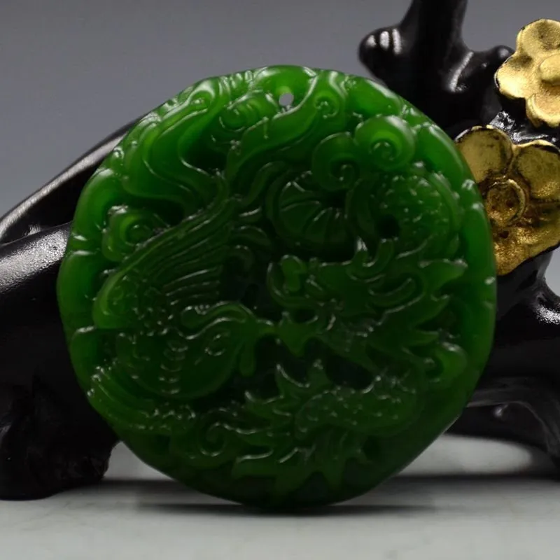 10% OFF- Certified Natural Green Emerald A*Jade HandCarved Dragon-Phoenix Pendant A89