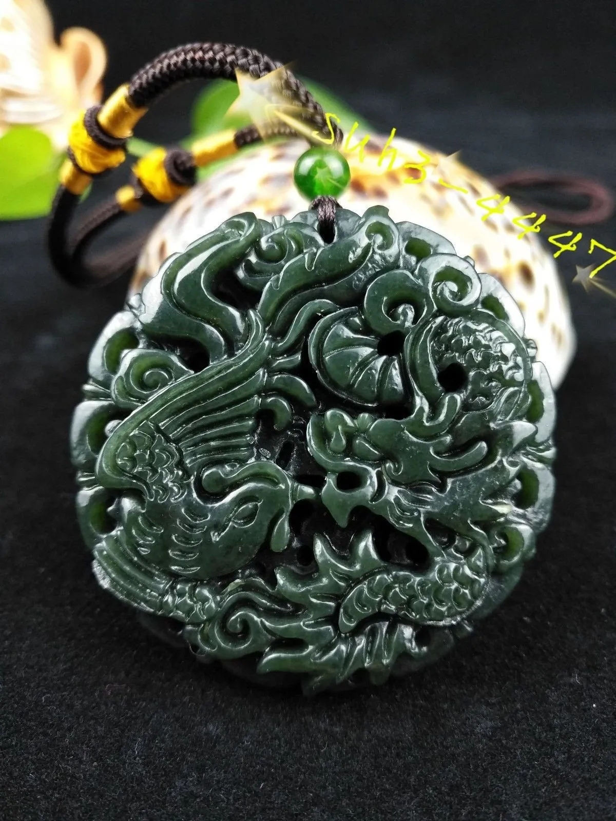 10% OFF- Certified Natural Green Emerald A*Jade HandCarved Dragon-Phoenix Pendant A89