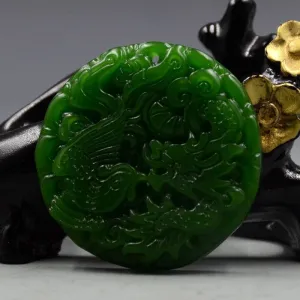 10% OFF- Certified Natural Green Emerald A*Jade HandCarved Dragon-Phoenix Pendant A89