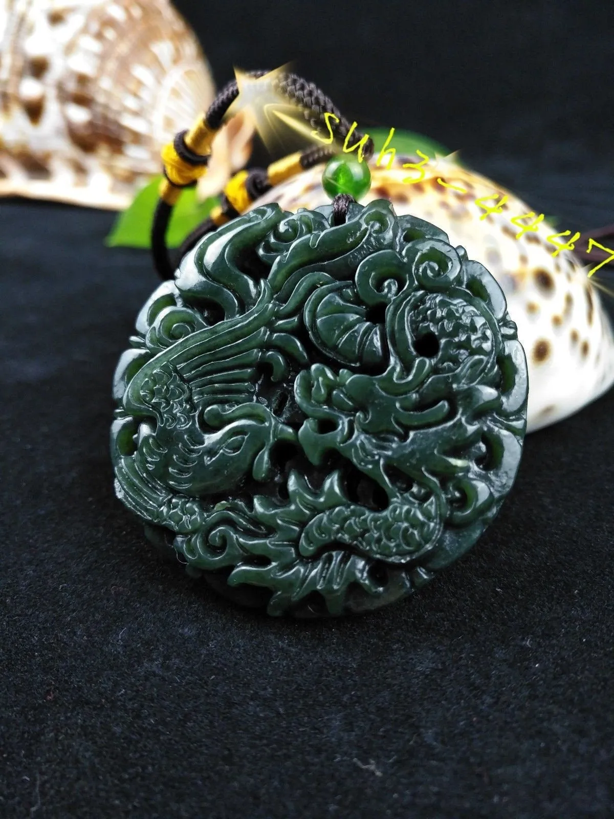 10% OFF- Certified Natural Green Emerald A*Jade HandCarved Dragon-Phoenix Pendant A89