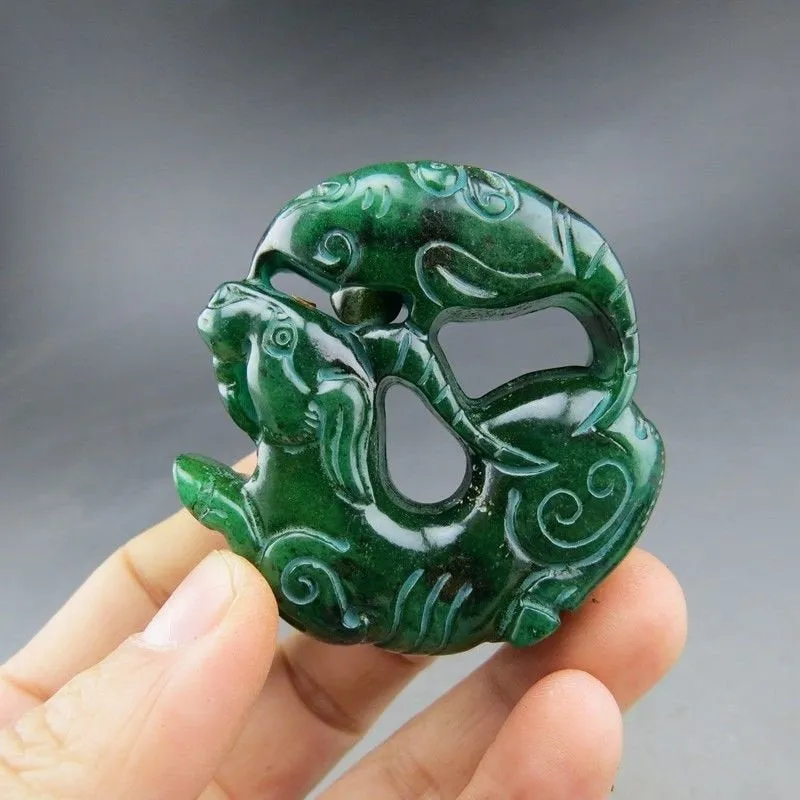 10% OFF- Certified Natural Green Jadeite Emerald A*Jade HandCarved Hongshan Culture Beast Noble Pendant S918