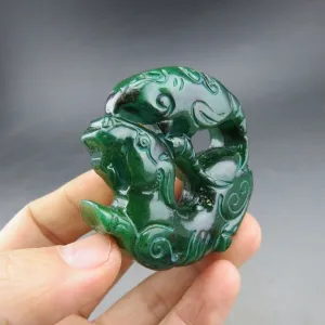 10% OFF- Certified Natural Green Jadeite Emerald A*Jade HandCarved Hongshan Culture Beast Noble Pendant S918