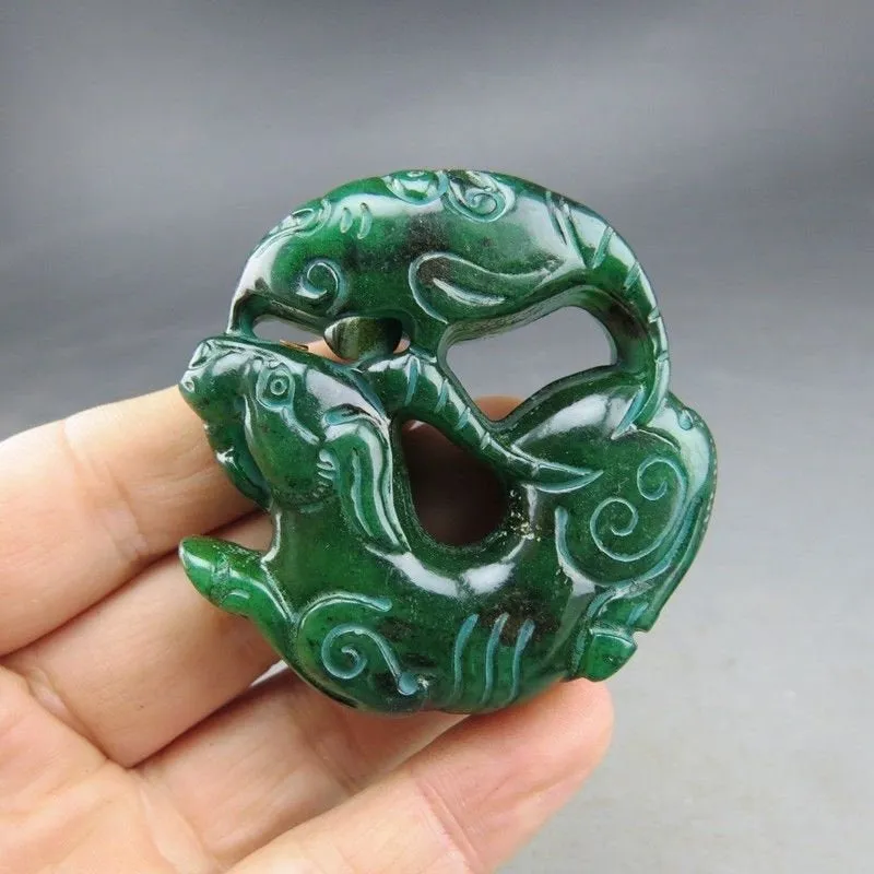 10% OFF- Certified Natural Green Jadeite Emerald A*Jade HandCarved Hongshan Culture Beast Noble Pendant S918