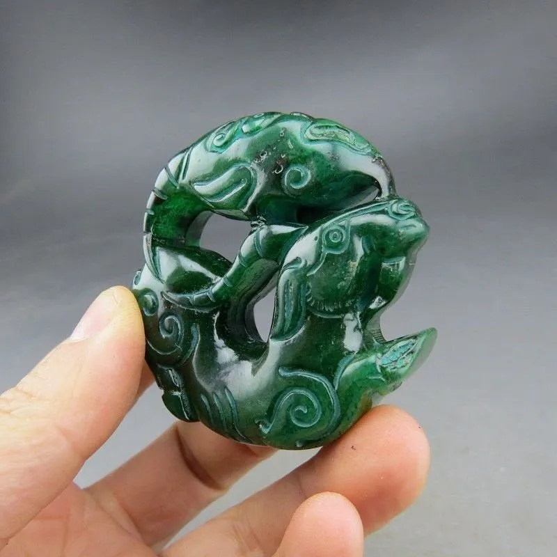 10% OFF- Certified Natural Green Jadeite Emerald A*Jade HandCarved Hongshan Culture Beast Noble Pendant S918