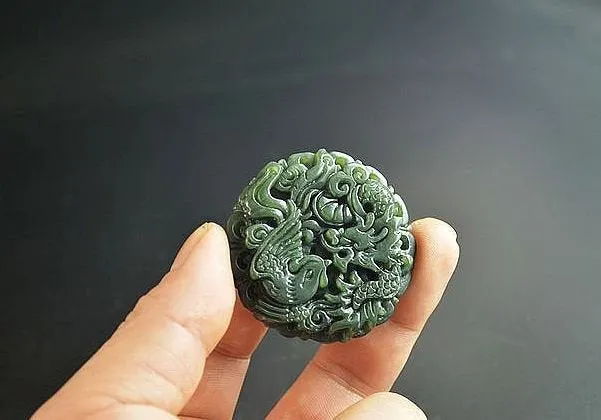 10% OFF- Certified Natural Green Jadeite Emerald Jade HandCarved Dragon-Phoenix Pendant《Grade A》A88