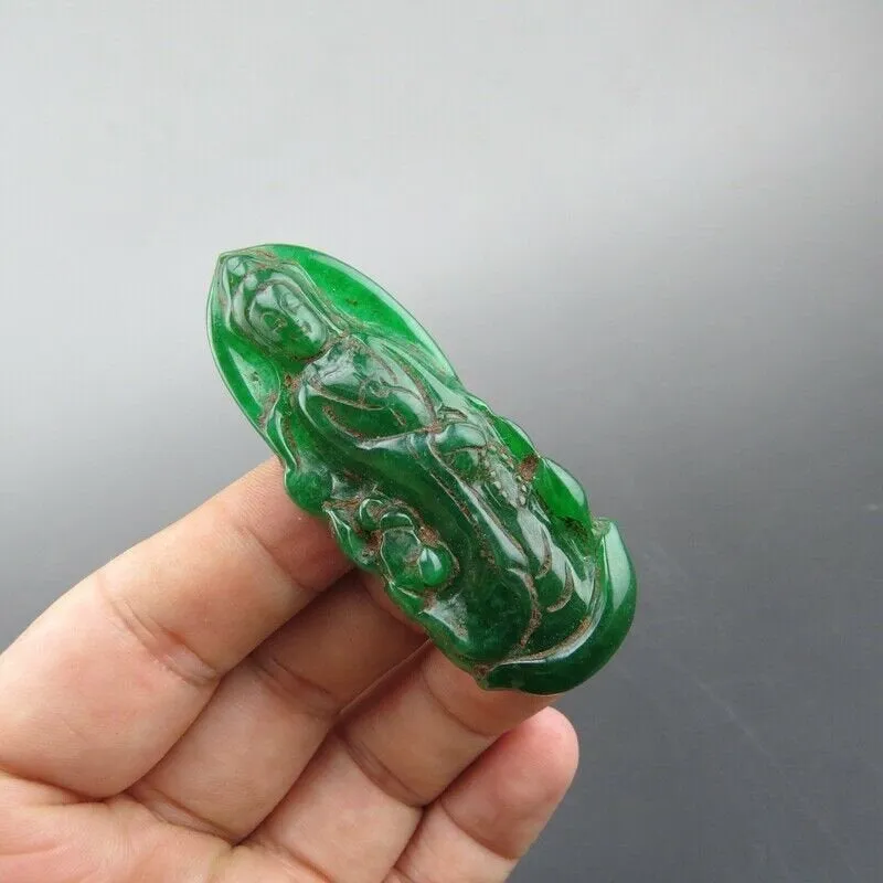 10% OFF- Certified Natural Ice Green Jadeite Emerald A Jade HandCarved Guanyin Pendant A1940
