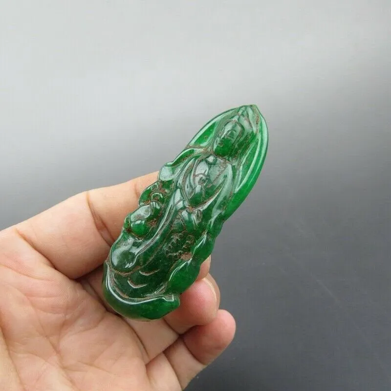 10% OFF- Certified Natural Ice Green Jadeite Emerald A Jade HandCarved Guanyin Pendant A1940
