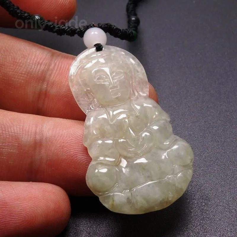 10% OFF- Certified Natural Ice Jadeite Emerald Jade Tablet Translucent Guanyin Pendant 《Grade A》1110
