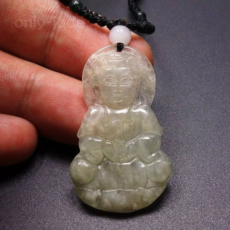 10% OFF- Certified Natural Ice Jadeite Emerald Jade Tablet Translucent Guanyin Pendant 《Grade A》1110