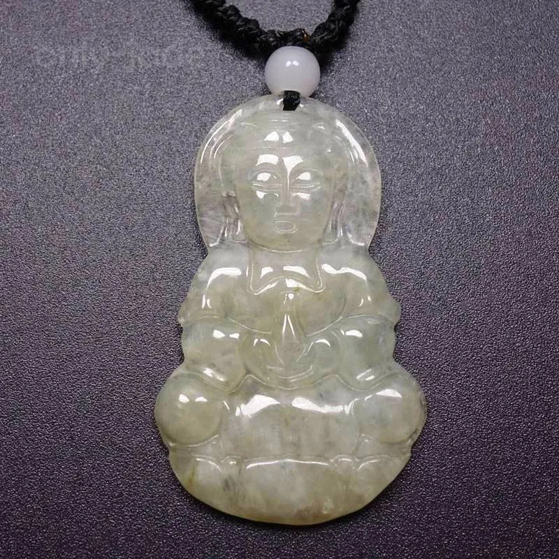 10% OFF- Certified Natural Ice Jadeite Emerald Jade Tablet Translucent Guanyin Pendant 《Grade A》1110