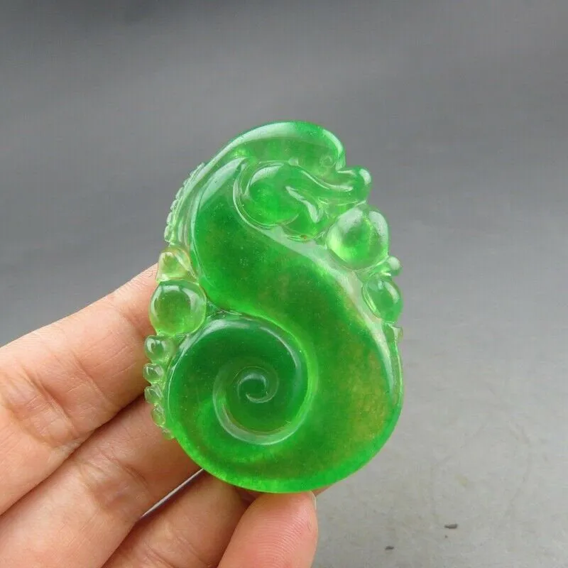 10% OFF- Certified Natural Icy Green Jadeite Emerald A Jade HandCarved Dragon Pendant A85