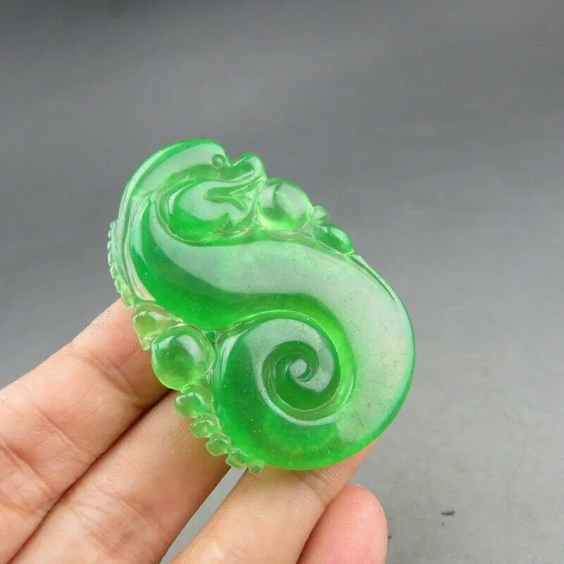 10% OFF- Certified Natural Icy Green Jadeite Emerald A Jade HandCarved Dragon Pendant A85
