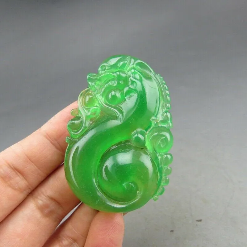10% OFF- Certified Natural Icy Green Jadeite Emerald A Jade HandCarved Dragon Pendant A85