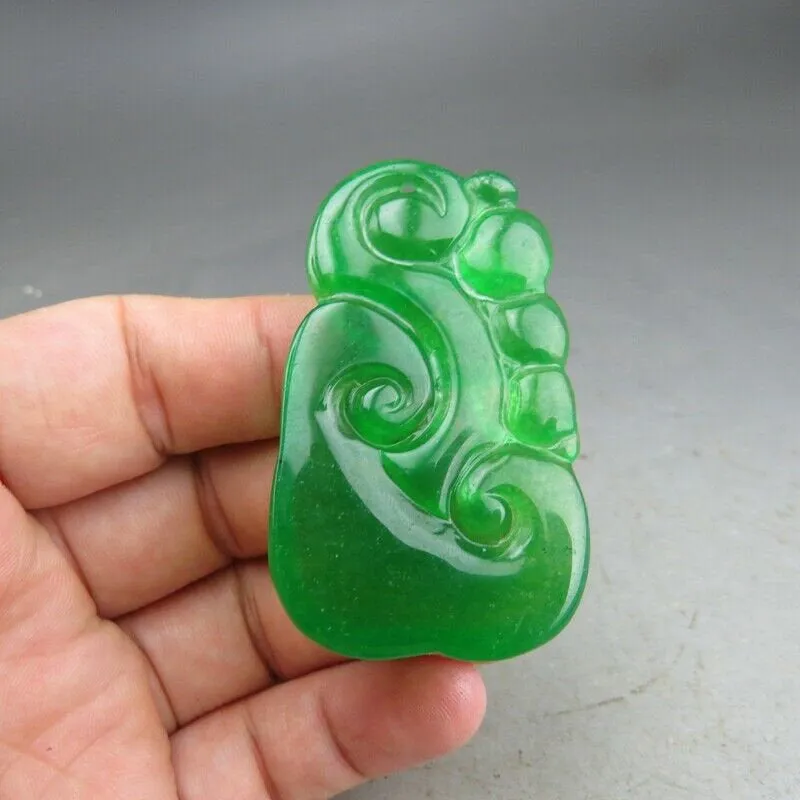 10% OFF- Certified Natural Icy Green Jadeite Emerald A Jade HandCarved Ruyi Pendant A12