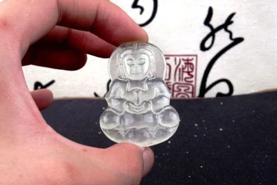 10% OFF- Certified Natural Icy Jadeite Emerald A Jade Handcarved Tablet Guanyin Pendant A2097