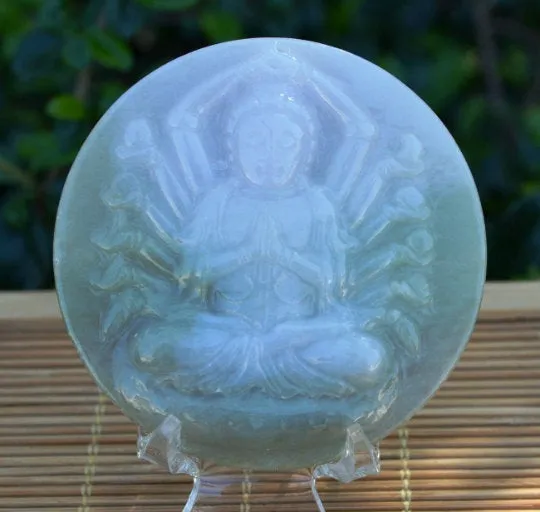 10% OFF- Certified Natural Icy Jadeite Emerald A Jade Handcarved Tablet Guanyin Pendant GA4424