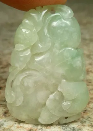 10% OFF- Certified Natural Icy Jadeite Emerald A*Jade HandCarved Bat Fish Lotus Pendant W326