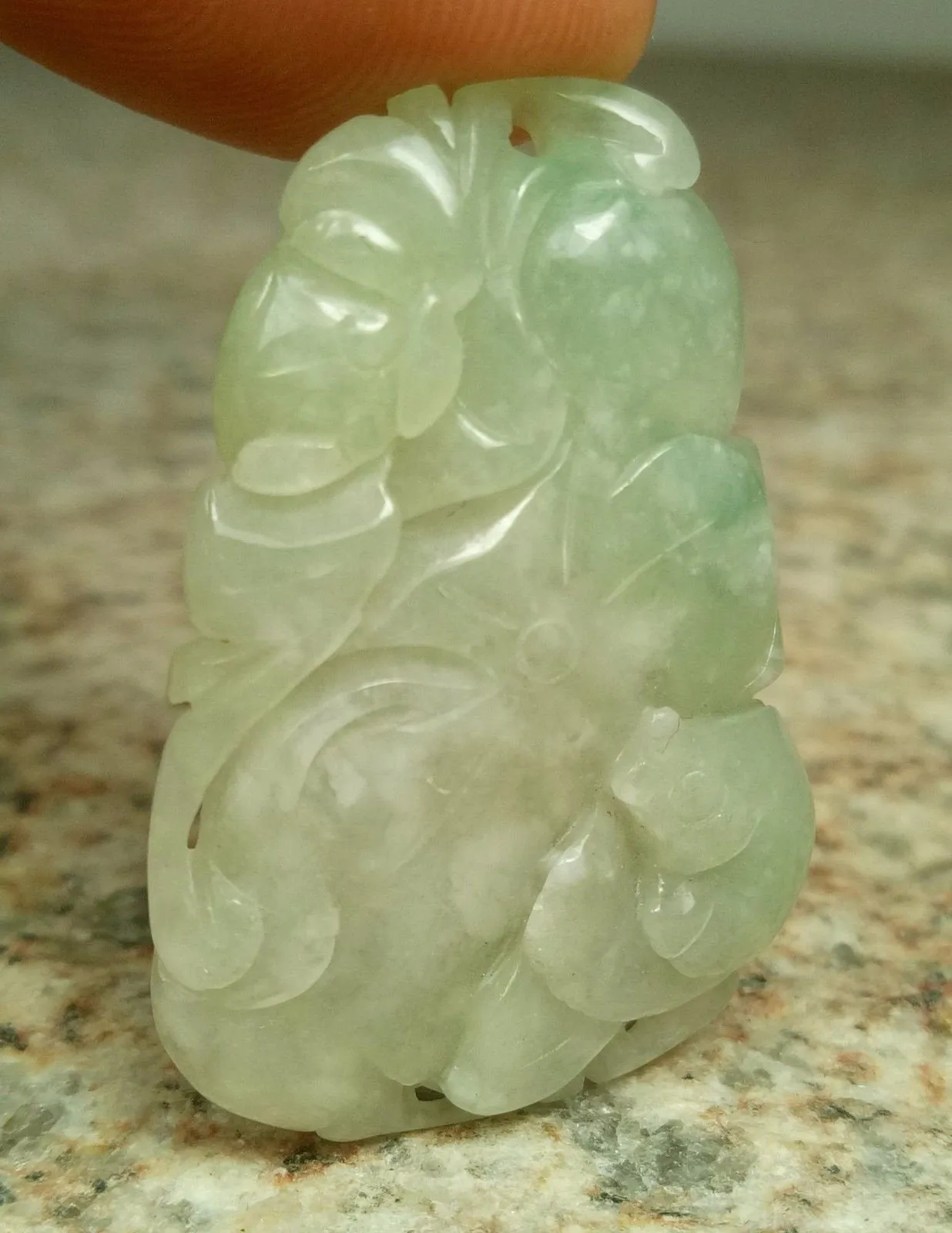 10% OFF- Certified Natural Icy Jadeite Emerald A*Jade HandCarved Bat Fish Lotus Pendant W326
