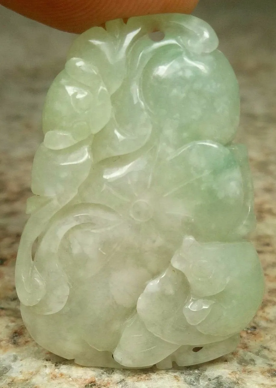 10% OFF- Certified Natural Icy Jadeite Emerald A*Jade HandCarved Bat Fish Lotus Pendant W326