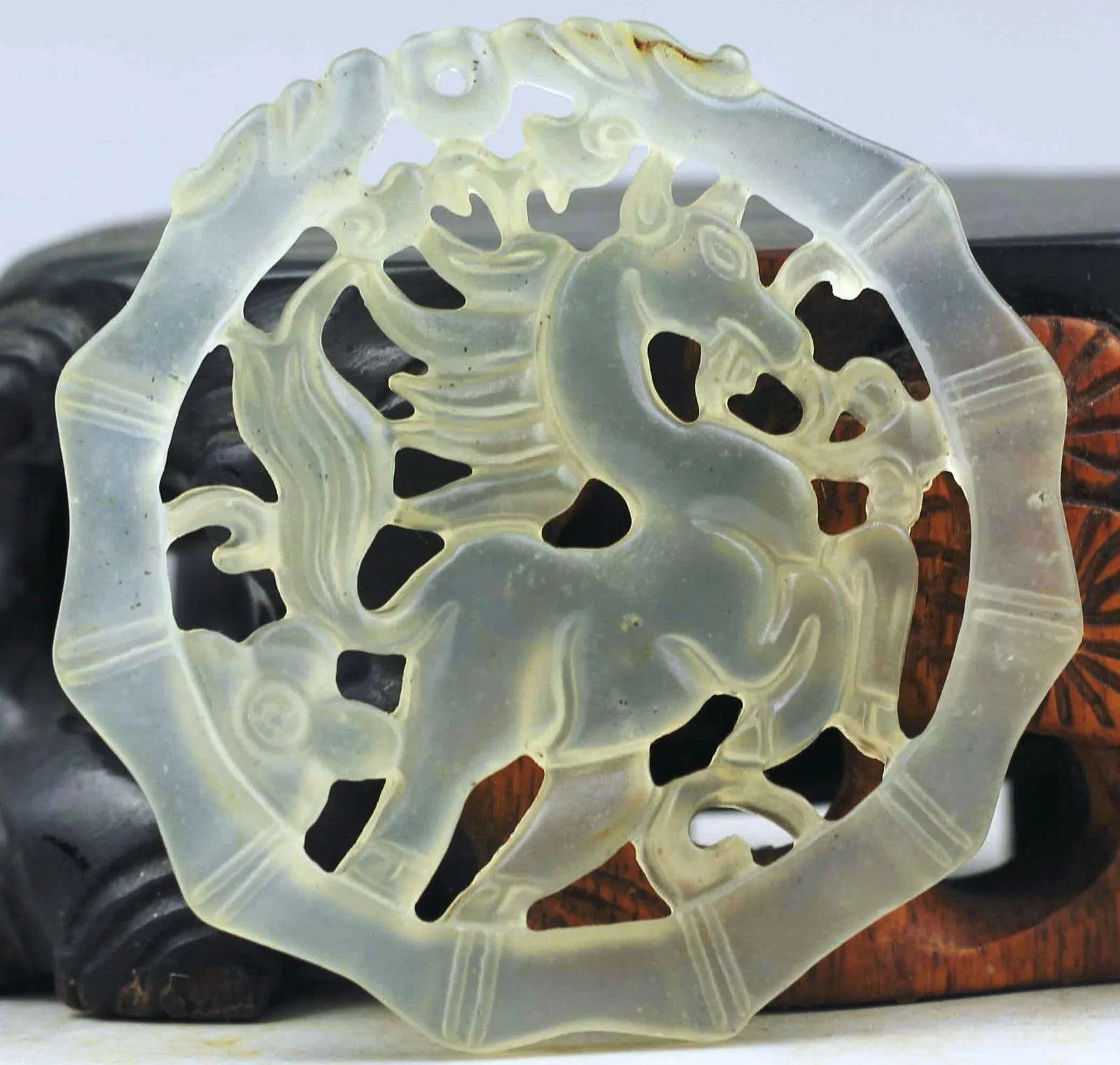 10% OFF- Certified Natural Icy Jadeite Emerald Jade Dragon-Horse Bamboo 龙马精神 Pendant NO.B585
