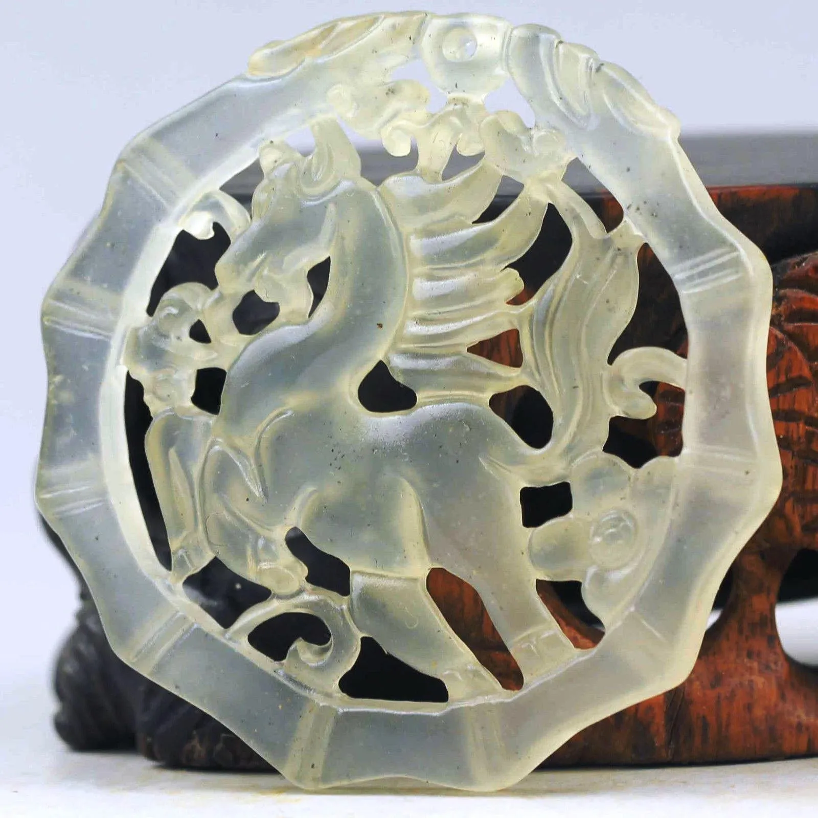 10% OFF- Certified Natural Icy Jadeite Emerald Jade Dragon-Horse Bamboo 龙马精神 Pendant NO.B585