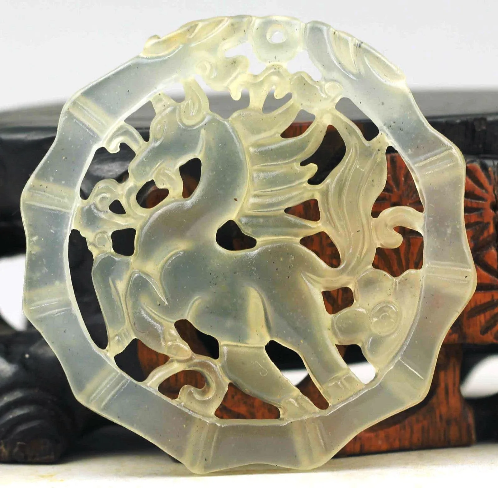 10% OFF- Certified Natural Icy Jadeite Emerald Jade Dragon-Horse Bamboo 龙马精神 Pendant NO.B585