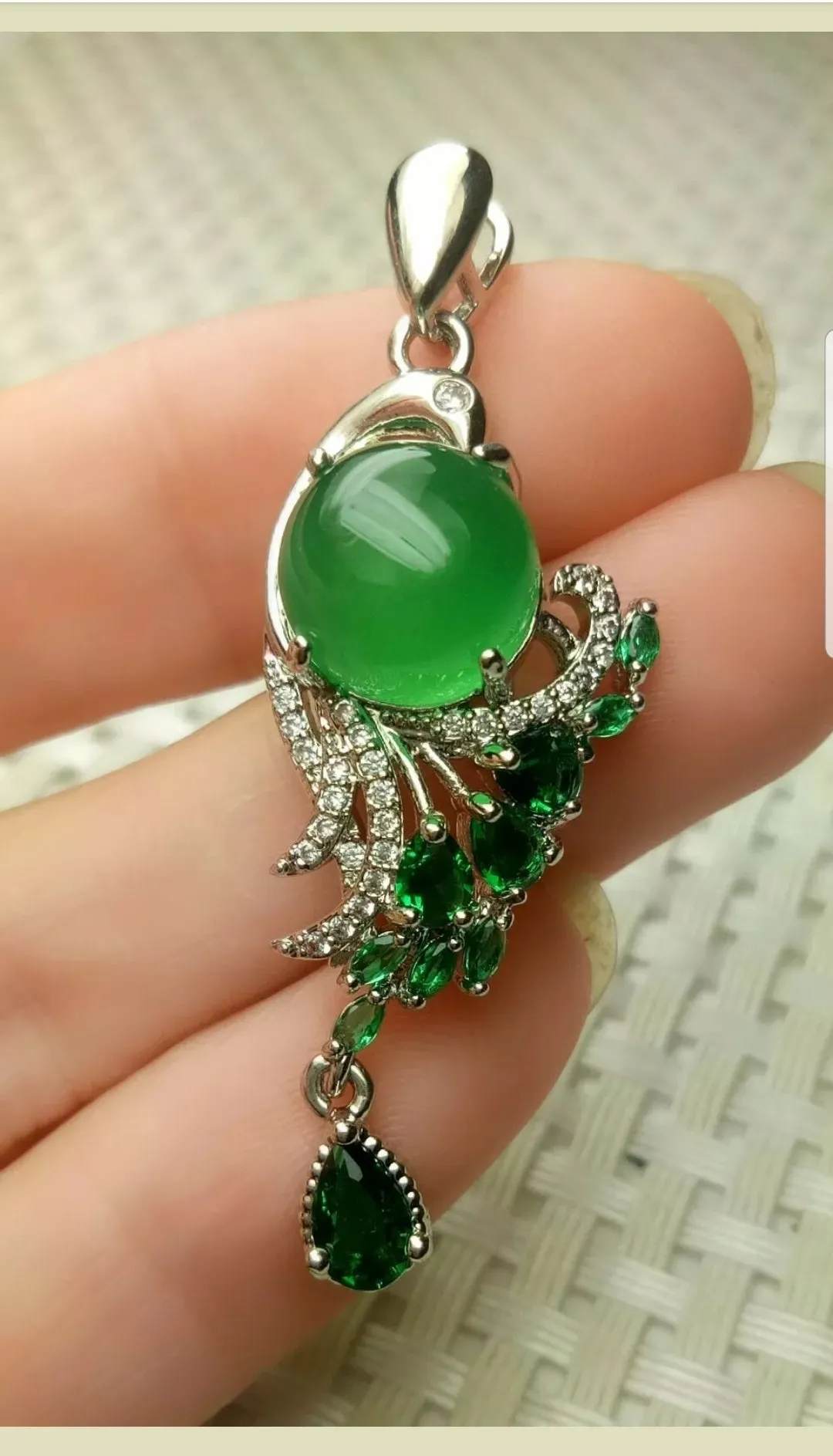 10% OFF- Certified Natural Jadeite Emerald A Jade Handcrafted Beautiful Phoenix 925 Sterling Silver Pendant